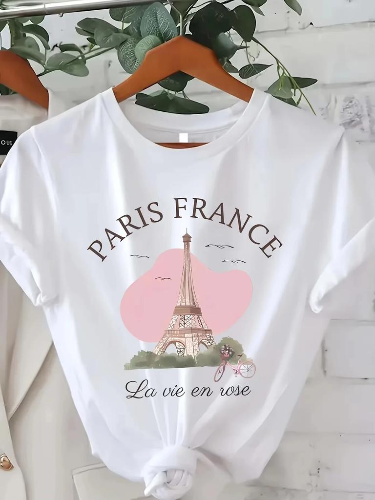 Vintage Elegant O-neck Short Sleeved 2D T-shirt Paris Tower Printed Top High-quality Comfortable And Minimalist Women's Clothing