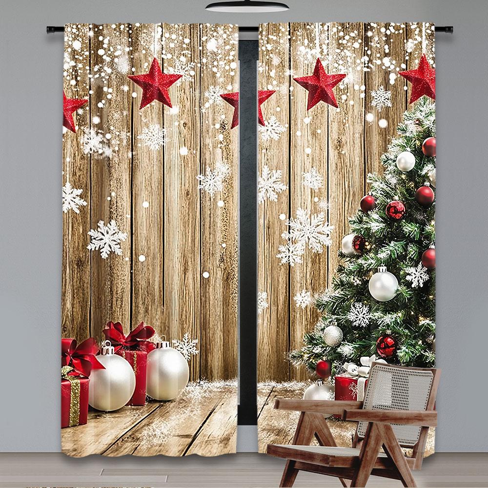 Rustic Christmas Curtains Snow Tree Gifts Party Decoration Suitable Bedroom Living Room Dining Set Of 2 Made Polyester Sitting Decor