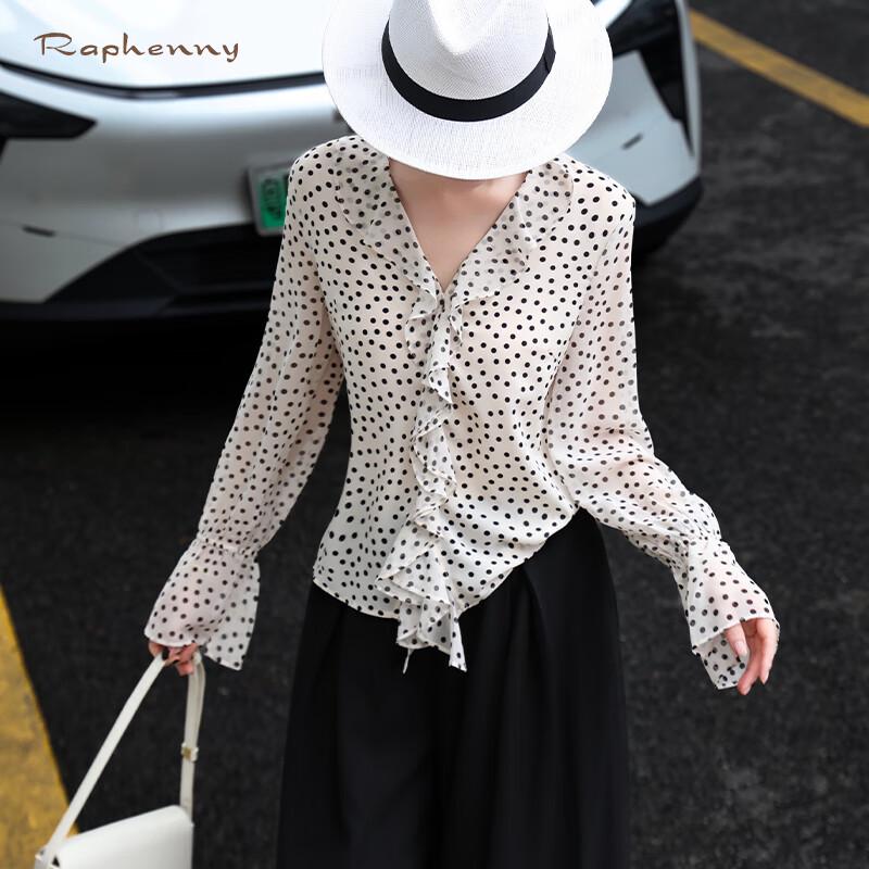 Raphenny Women's Elegant Polka Dot Ruffle V-Neck Long Sleeve Blouse