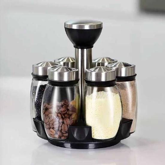 7-Piece Spice Jar Set Rotating Glass Seasoning Bottles with Lids Storage Rack for Salt Sugar Pepper Kitchen Counter Organizer