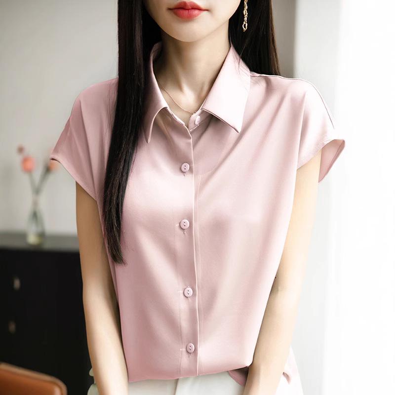 Women's Silky Satin Short-Sleeve Cardigan Top with POLO Collar – Versatile and Professional