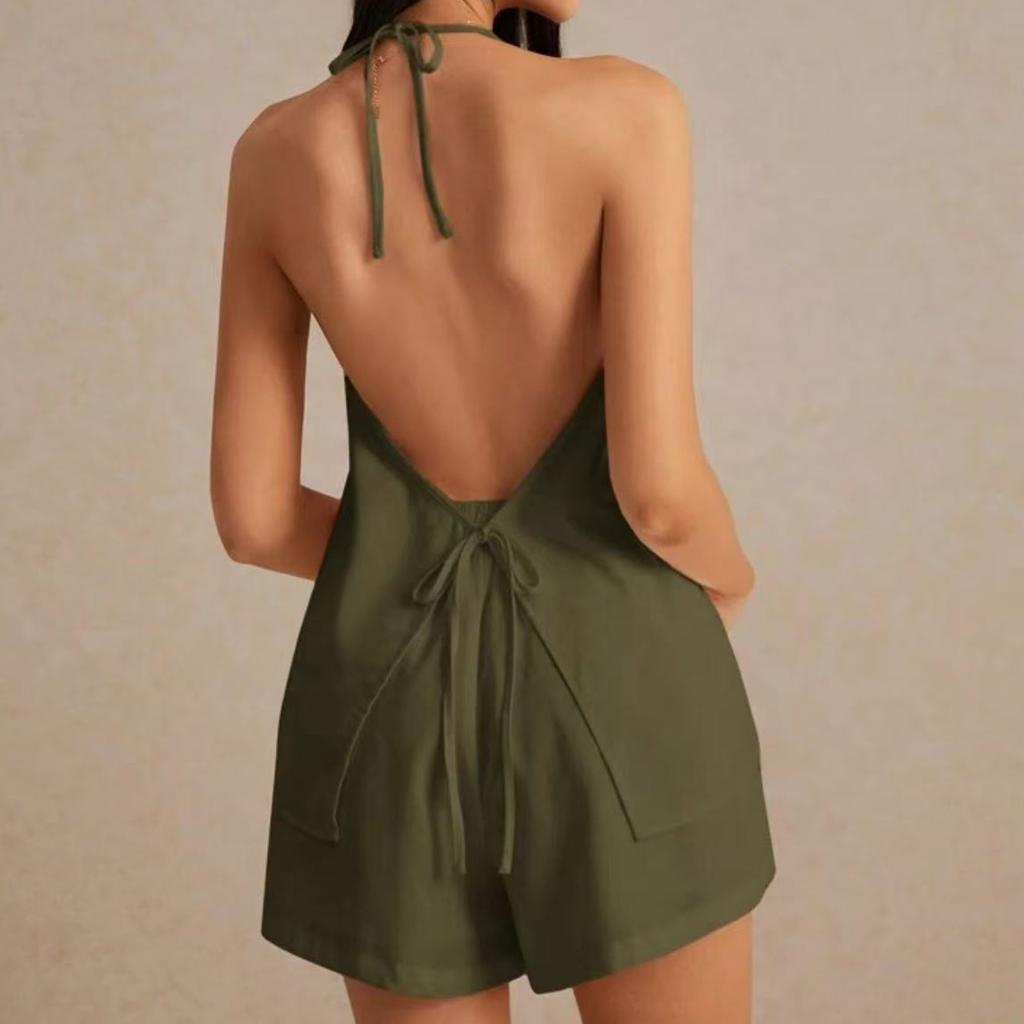 Women's Fashion Casual Sleeveless Backless Lace-up Top Shorts Set