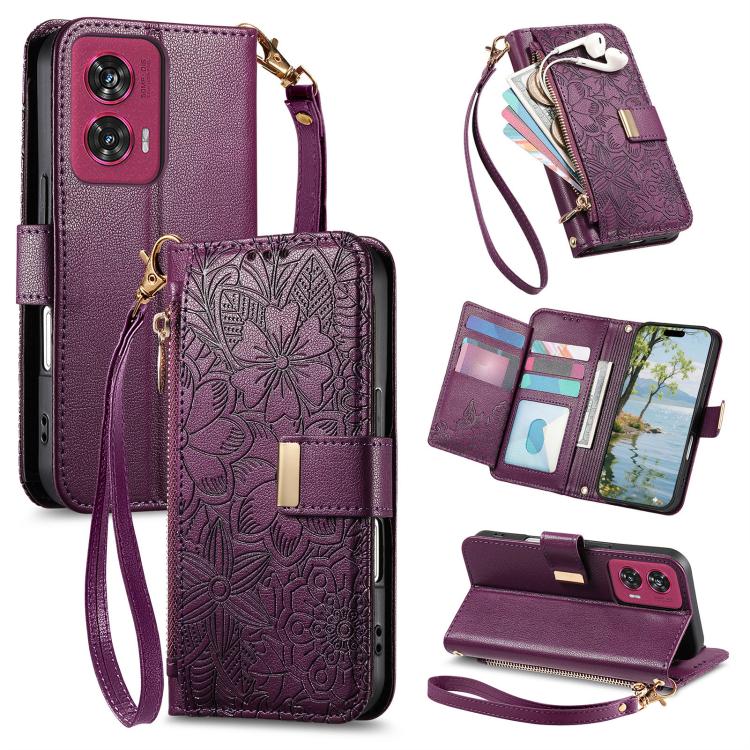 

Flowers Leaves Zipper Wallet Leather Phone Case with Strap For Motorola Moto Edge 50 Fusion фиолетовый