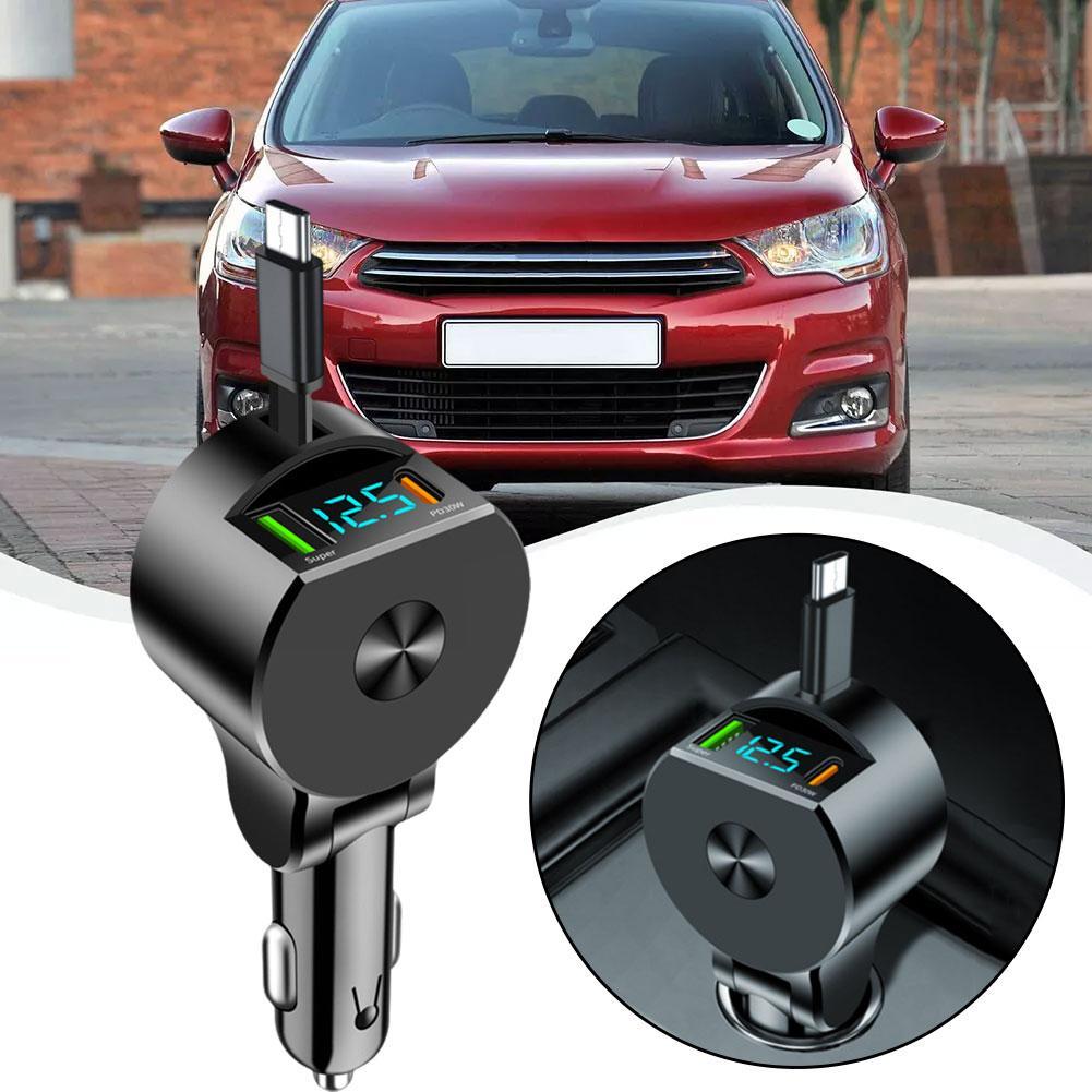 Digital Display Car Charger 12V/24V,cigarette Lighter Line Charging Fast Car Adaper Vehicle Line Charging PD30W Telescopic F2B9