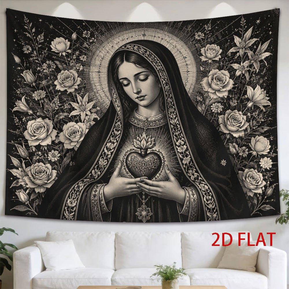 1pc Tapestry of The Holding The Sacred Heart, Surrounded by a Floral Halo, Monochrome Religious Artwork