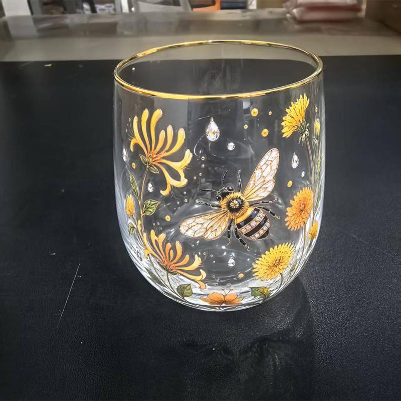 Vintage Painted Animal & Floral Gold Rim Glass Tumbler, Egg-shaped Lead-Free Glass Cup, Creative Gift Cup for Whiskey, Juice and Water