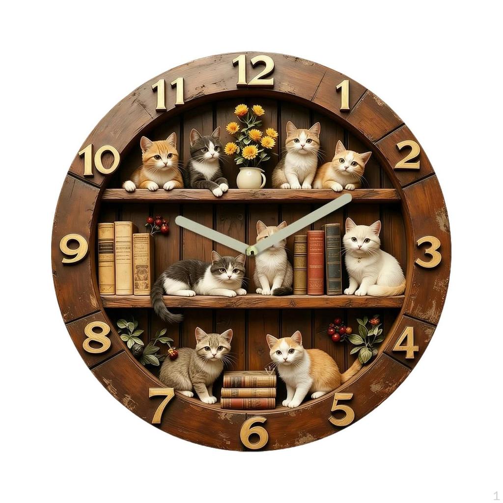 Katzenmotiv Wanduhr Holzoptik mit arabischen Ziffern Rustikal für Buchliebhaber, Wohnzimmer,