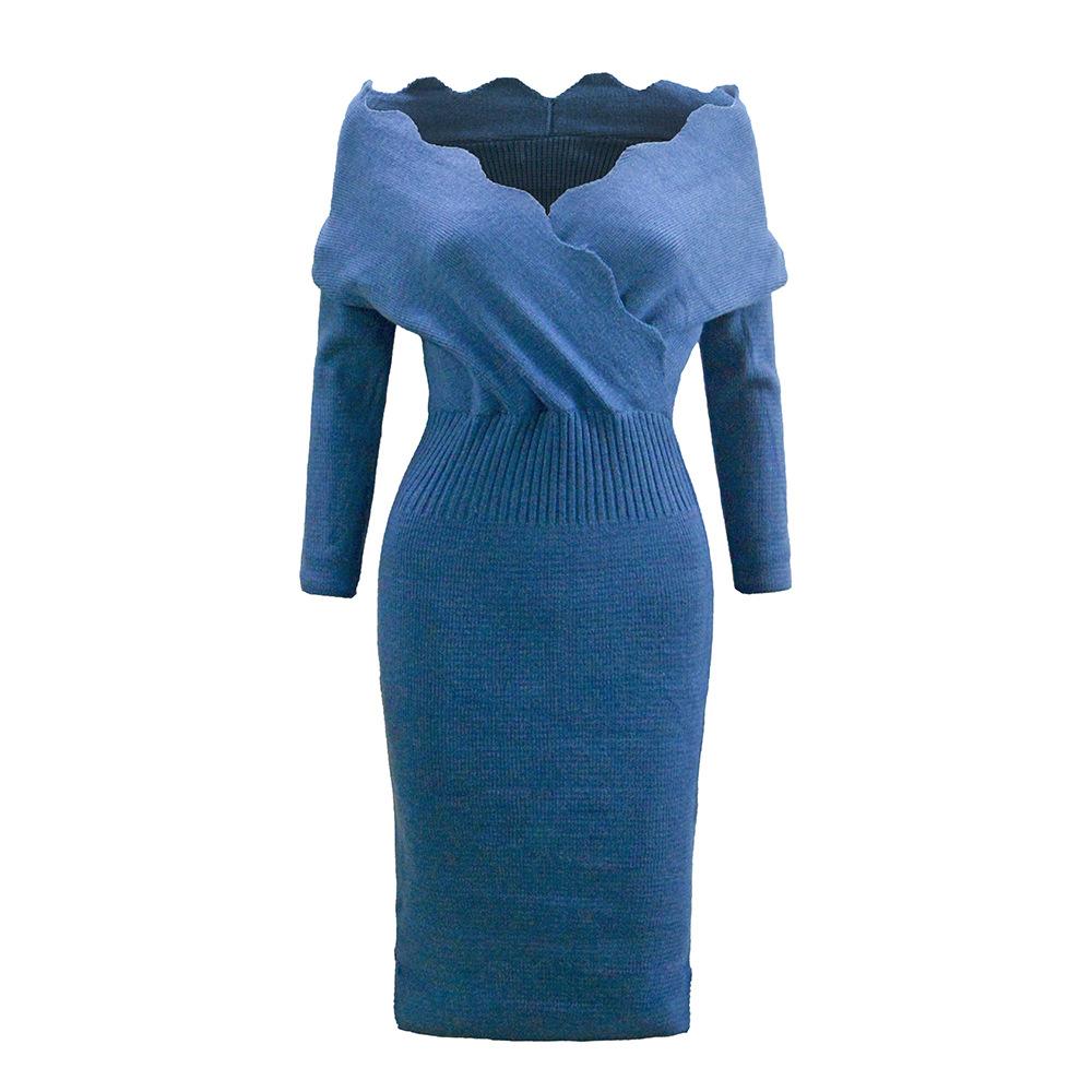 

Autumn and winter new knitted dress slim V-neck sweater skirt, popular in Europe and America One size fits all синій