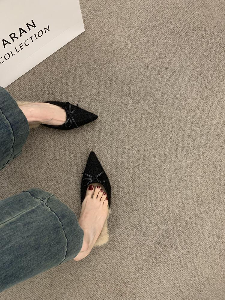 

Французский темперамент плюшевые тапочки-мешки с заостренным носком, ленивые туфли-мюллеры с одной педалью, плюшевые туфли для женщин, которые носят на улице зимой 39 чёрный