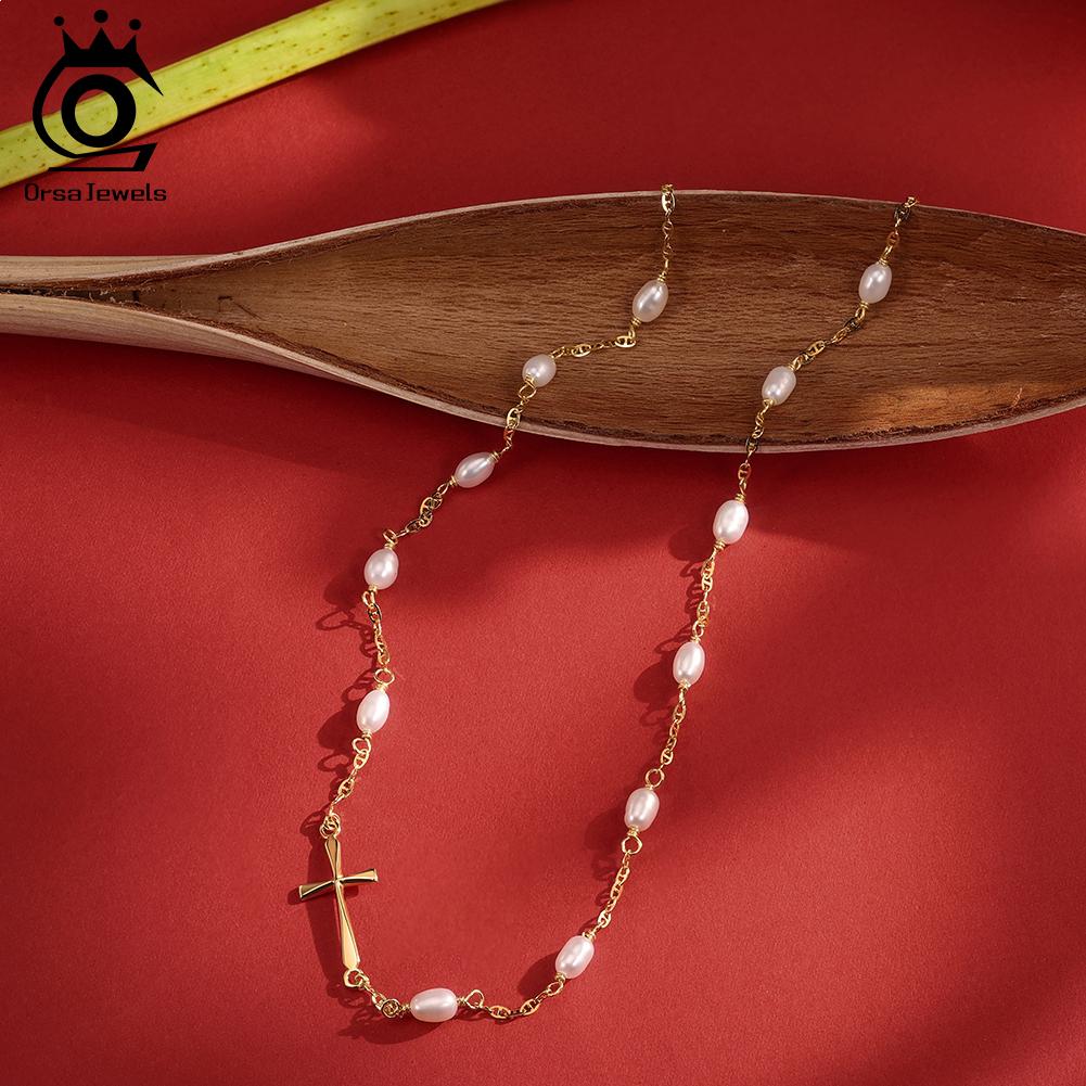 ORSA JEWELS 925 Sterling Silver Simple Choker Necklace with Natural Pearls for Women Party Banquet Cross Jewelry GPN106