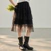 Qooth French Lace Tulle Midi Skirt Tiered Cake A-Line Skirt QT2849