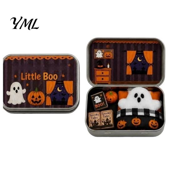 Halloween Decor Mini Ghost Tin Box Set, Little Pocket Cute In A Box, Tiered Tray Display Accessory Miniature Scene Spooky Desktop Decor, Gifts