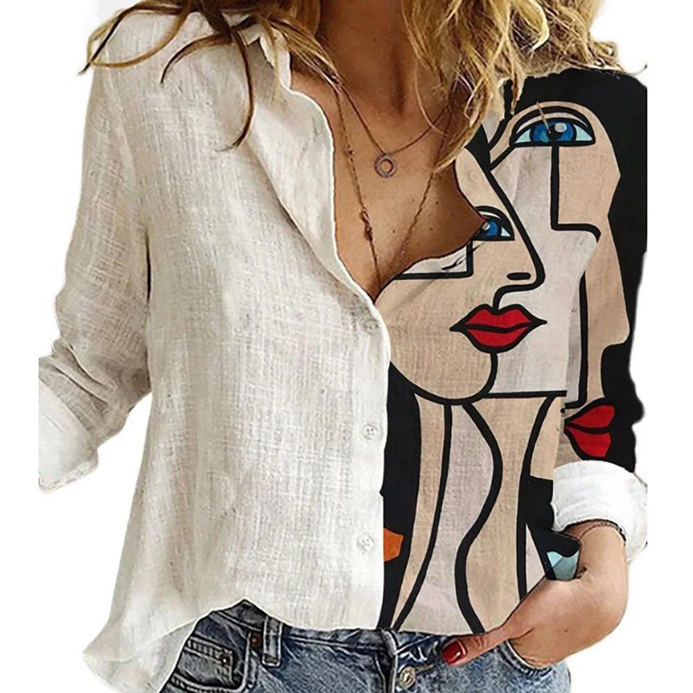 Fashion Stitching Retro Face Print Long Sleeve Blouse Women Lapel Button Casual Top Lady Shirts