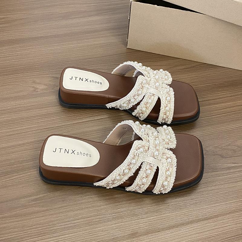 

2025 new women s summer with skirt slippers flat bottom non-slip holiday cool pearl outer wear French gentle one-word slippers 40