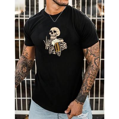 Europäische Größen Skelett trinkt Bier Kreativer Druck Sommer Lässiges T-Shirt Kurzarm Für Männer, Sportlicher Freizeitstil