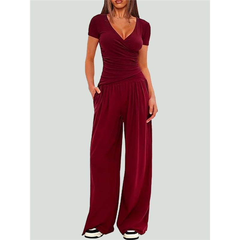 Women 2‑Piece Outfit V‑Neck Long Sleeve Ruched Top High Waist Wide Leg Pants Casual Loungewear Tracksuit Set