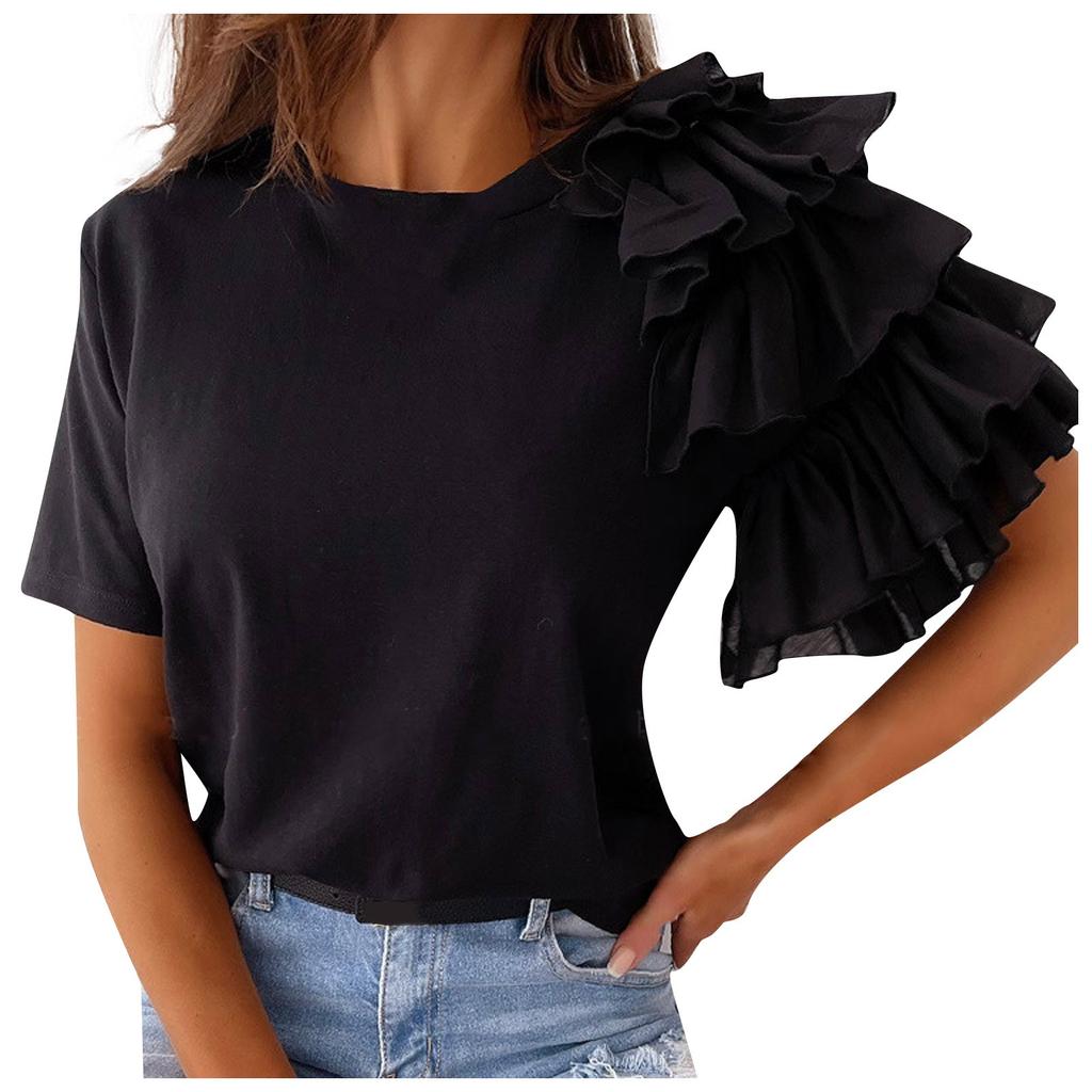 Fashion Women's Summer Ruffle Short Sleeves Round-Neck Casual Tee Tops
