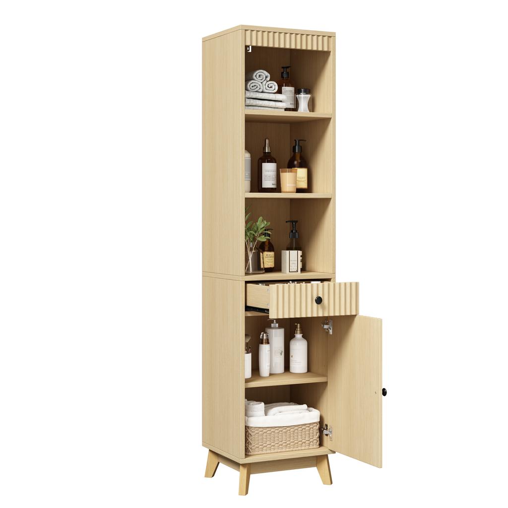 Tall Freestanding Bathroom Cabinet, Vertically Fluted Fronts, Reversible Left-Right Door, Drawer, Soft-Close Hinges, 40×36×172 Cm, Natural Wood Color