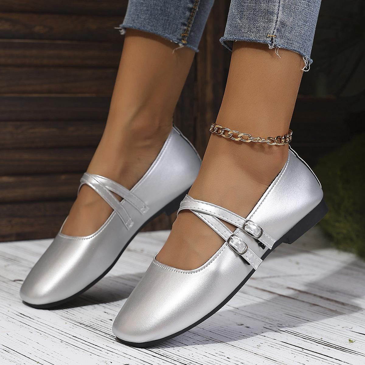 2025 Frühjahr/Herbst Silberne Mary Jane Loafer im französischen Stil für Damen - Flache Schuhe mit niedrigem Absatz für Röcke 37 silber