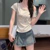 Sweet Wind Butterfly Print Drawstring Design Short-sleeved T-shirt Women's Summer New Slanted Shoulders Show Figure Versatile Top