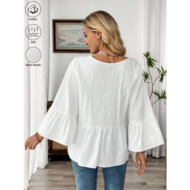 Spring Summer V-neck Elegant Loose Ruffled Women Blouse Half Sleeve Simple Casual Blouse Female New Solid Color Lotus Leaf Tops Office Sweet Clothing