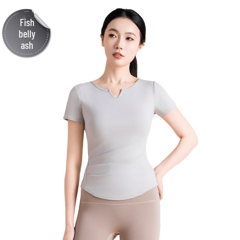 

Женская летняя плиссированная футболка для йоги с V-образным вырезом: Узкая талия, свободный крой, универсально для бега и фитнеса Large