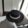French Elegant Wool Felt Wide Brim Hat for Women, White Pearl Decorated Winter Fall Fashion Streetwear Hat