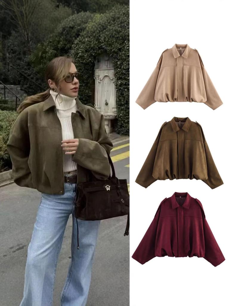 European and American Women's Fashionable Bomber Jacket with Batwing Sleeves and Zipper - Casual 2025 Style.