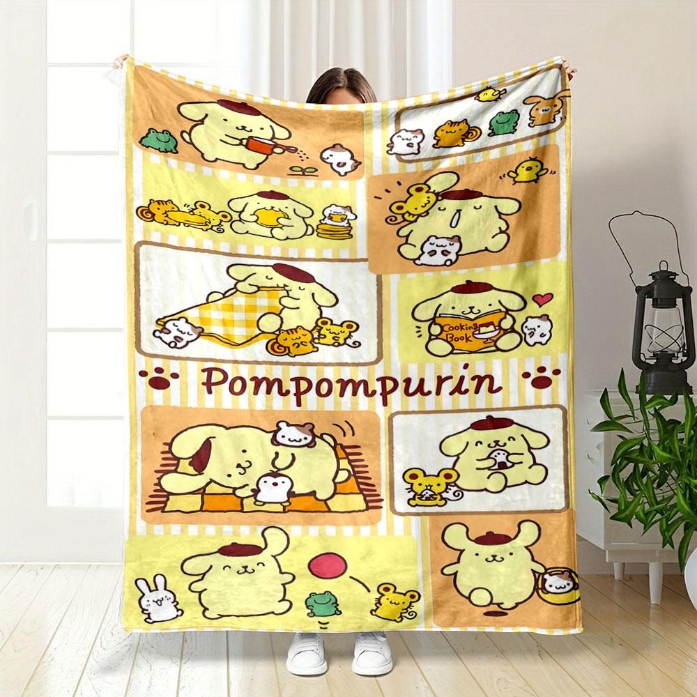 The image features playful scenes of Pompompurin with friends and activities. for all seasons blanket lunch break throw gift