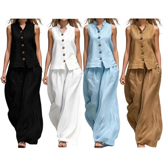 Conjuntos de 2 Peças Femininos Sem Mangas, Conjunto Combinando Casual com Top Regata de Botão e Calça Wide Leg, Roupas para Viagem, Férias e Lounge
