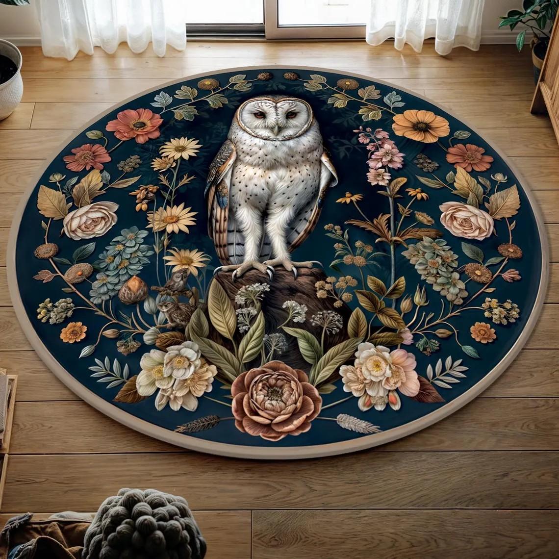 

Floral Round Rug with Cockatoo Design, Washable Carpet Boho Vintage Crow Rug for Living Room, Bedroom, Home Decor Floor Mat 80X80CM