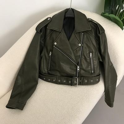 Spring Woman Faux Leather Jacket Chic Vintage American Street Wear Short Lapel Zipper Belt Biker Coats Fashion Streetwear