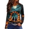 Women's Long Sleeve Casual Pullover Top Halloween Pumpkin Print Crew Neck Split Hem Blouse Lightweight Comfortable Fit