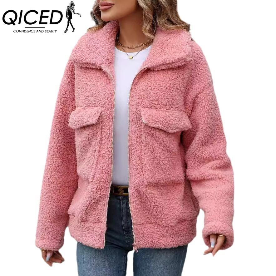 QICED Women's Autumn and Winter Loose Lapel Large Pocket Zipper Plush Coat