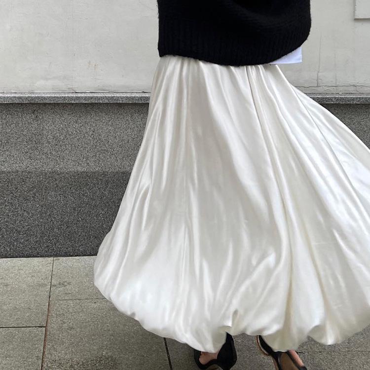 2024 Spring European & American Style High-Waist Balloon Dress - Casual, Simple, Solid Color, Versatile A-Line Skirt