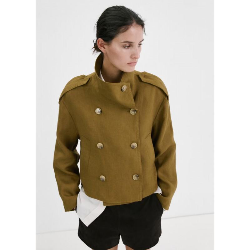 Damen Kurzmantel mit Stehkragen Doppelreihig Lockerer Schnitt Jacke mit Schulterklappen Olivgrün Beige