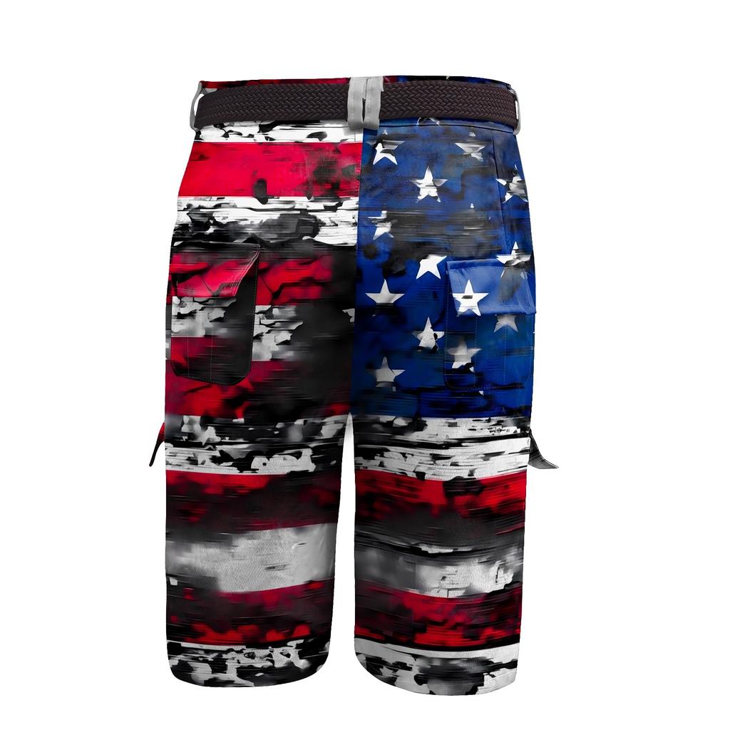 Pantaloni scurți de lucru pentru bărbați cu imprimeu Ziua Independenței și buzunare multiple