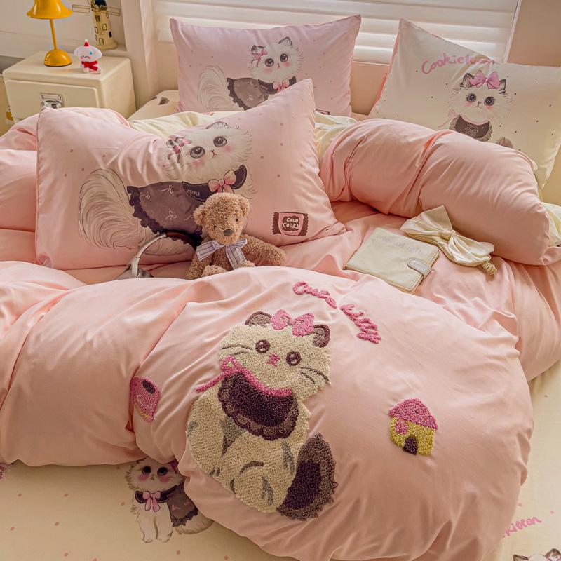 Cute Pink Cartoon Cat Towel Embroidery Girls Kids Bedding Set Soft Washed Cotton Duvet Covers Set Bed Sheet Pillowcases 3/4Pcs