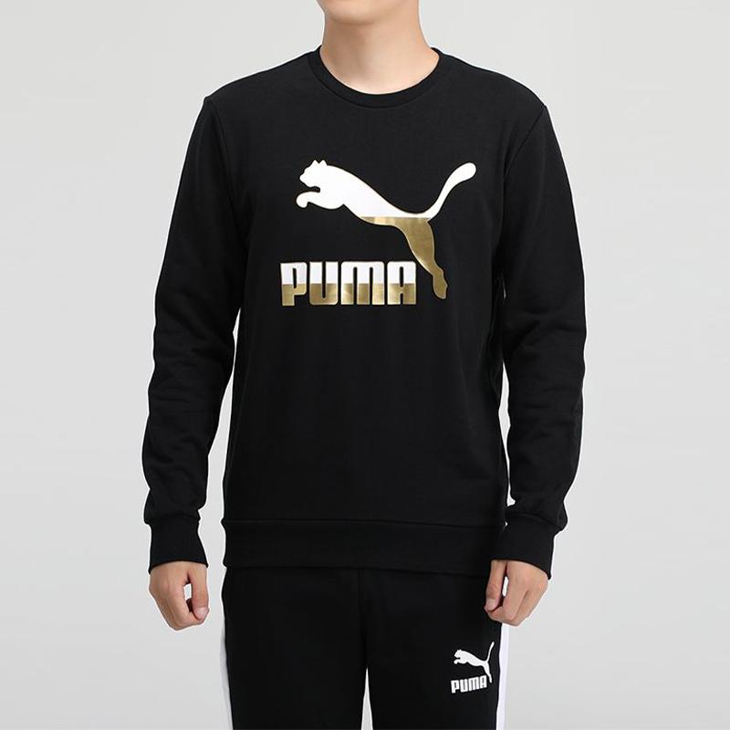 Puma Classics Casual Print Crew Neck Sweatshirt Men Sweatshirts Black Gold 599296-51