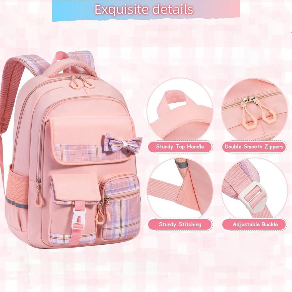 3pcs/set School Backpack for Girls Bookbag Elementary Middle School Bags Student Cute Plaid Backpack with Lunch Bag Pencil Bag