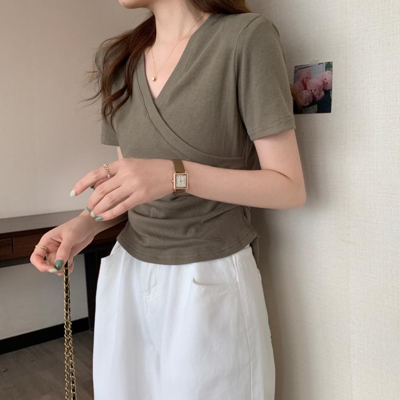 V-neck Short-sleeved T-shirt Women's Summer Thin Slim Tops