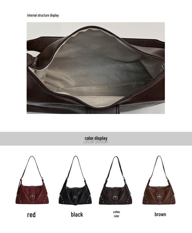 Women's Cross-Border Retro Motorcycle Bag with Rivet Decor & Belt Buckle - Stylish Single Shoulder Underarm Handbag