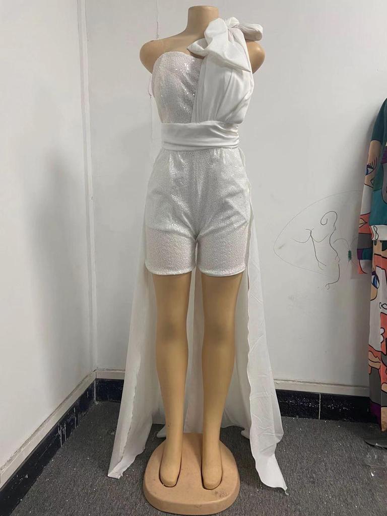 2025 Spring/Summer Women's Strapless White Sequin Mini Dress with Tie-Up Waist and Large Swing Skirt