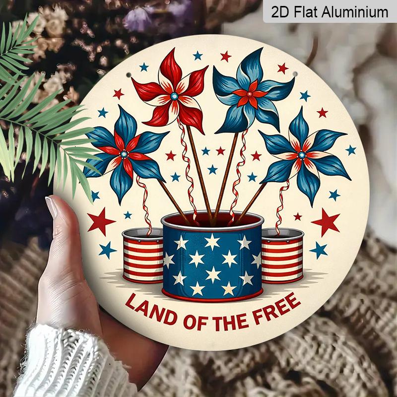 2D Flat, 1pc Round "Land Of The Free" Aluminum Hanging Sign, Patriotic Red White Blue Pinwheel Windmill Design, Rustic Retro Metal Wall Decor