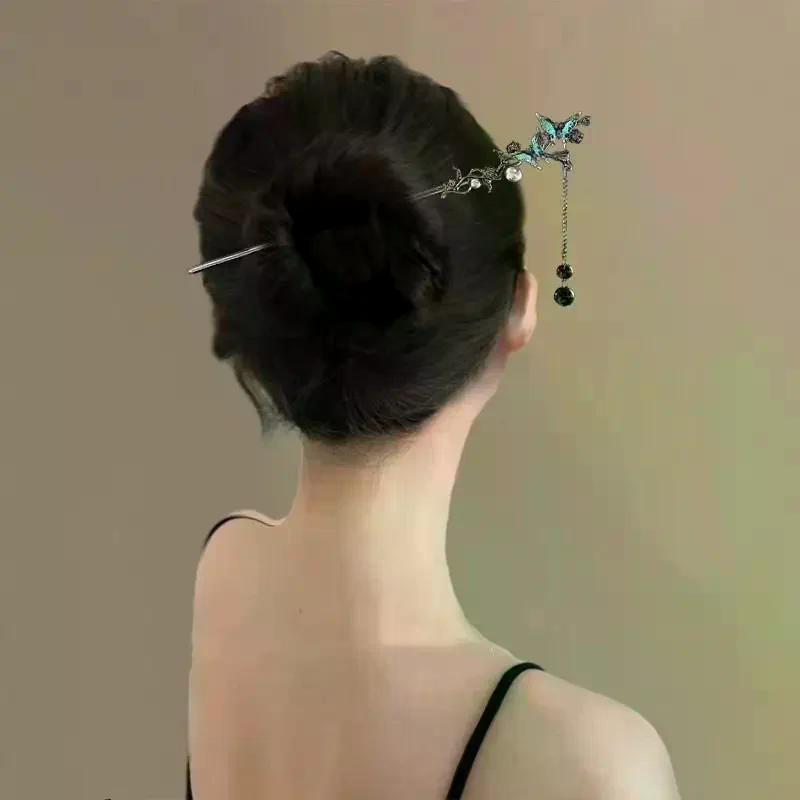 Chinese Style Flower Tassel Hairpin Vintage Floral Pearl Hair Stick Exquisite Elegant Metal Jewelry Hair Accessory