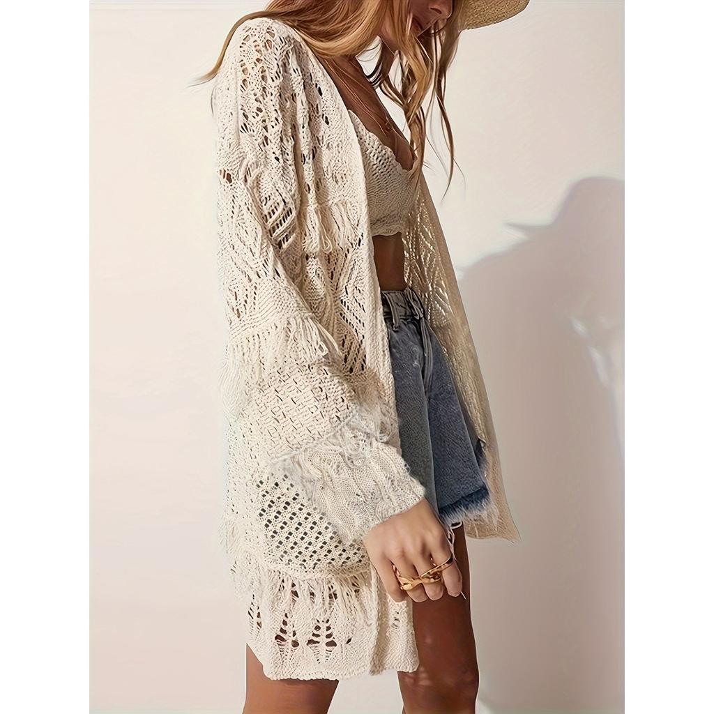 New Women's Open Knit Cardigan Long Sleeve Loose Hollow Out Casual Versatile Sweater