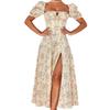 Sommer Damen Französisches Frisches Florales Midi-Kleid, Quadratischer Ausschnitt Kurzarm Lässiges Kleid für Europäische Amerikanische Damen