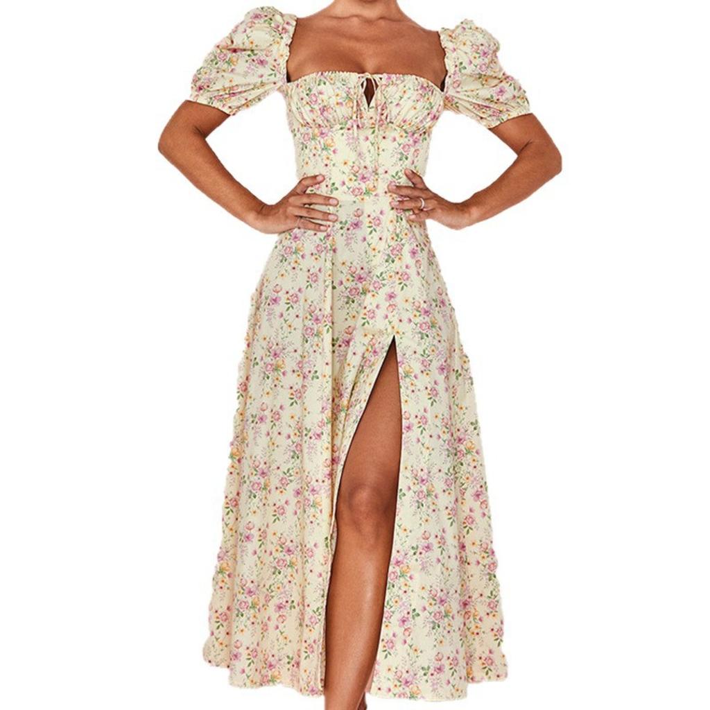 Sommer Damen Französisches Frisches Florales Midi-Kleid, Quadratischer Ausschnitt Kurzarm Lässiges Kleid für Europäische Amerikanische Damen