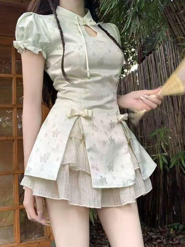 2025 Frühling/Sommer Damen Stilvolles Kurzarm Zweiteiler-Set: Neuer chinesischer Stil Oberteil & Rock