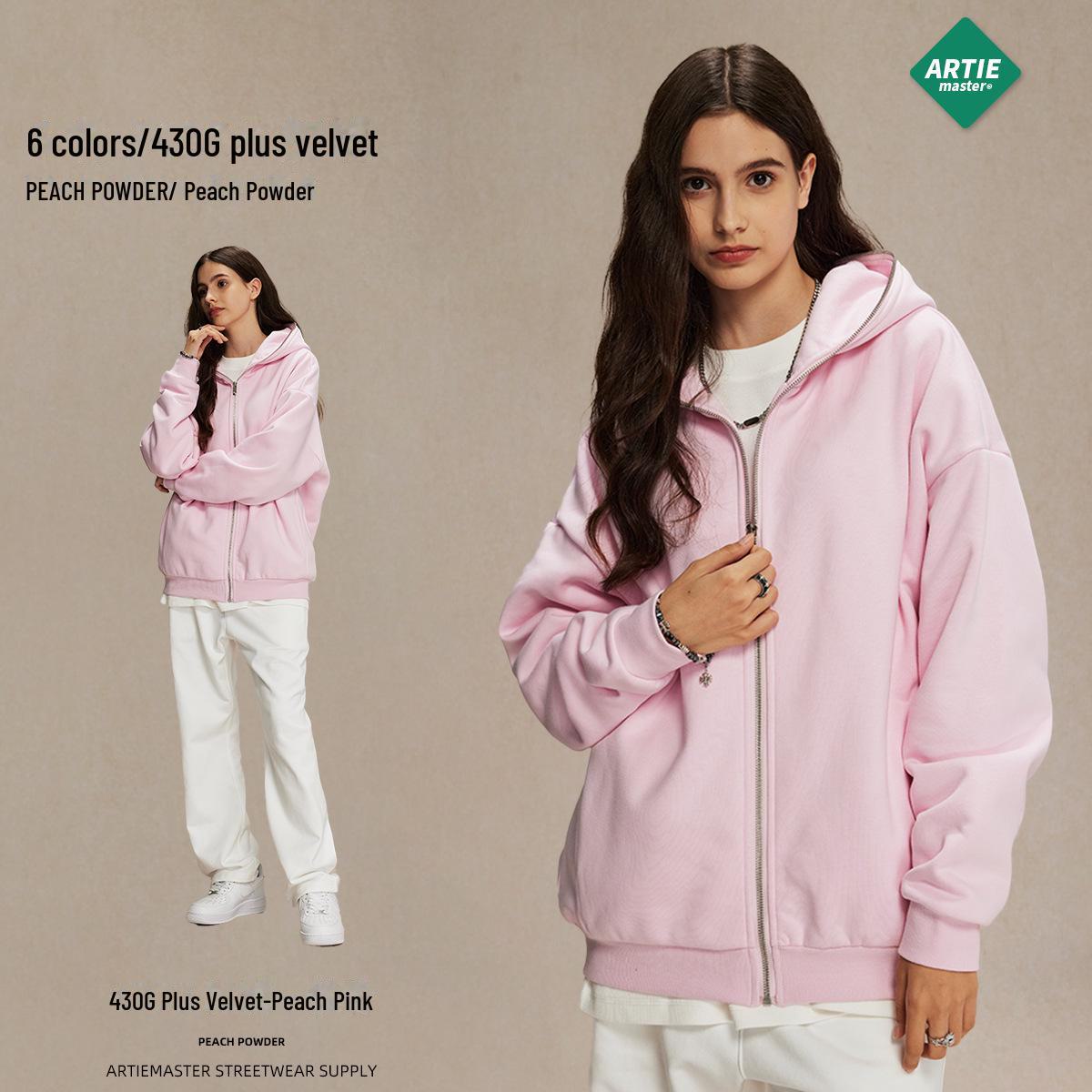 

Мужская уличная мода кардиган куртка с капюшоном: 2024 Осень/Зима Новое поступление, Плюс Бархат, Утолщенная толстовка 430 г на молнии M розовый/персиковый